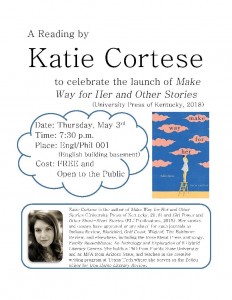 Poster describing the book launch for Make Way for Her and Other Stories at Texas Tech.
